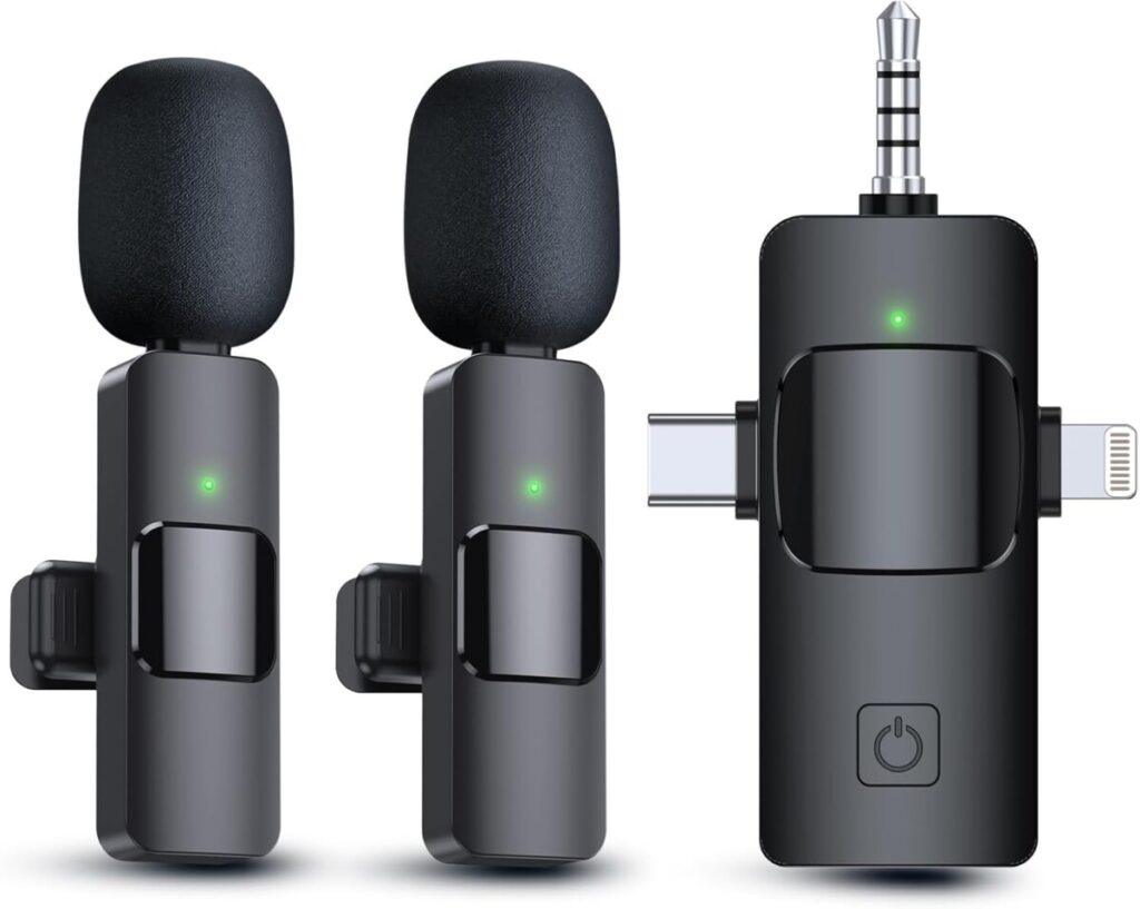 PQRQP 3 in 1 Wireless Lavalier Microphones for iPhone, iPad, Android, Camera