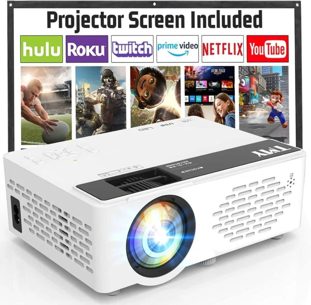 TMY Mini Projector, Upgraded Bluetooth Projector with Screen, 1080P Full HD Portable Projector